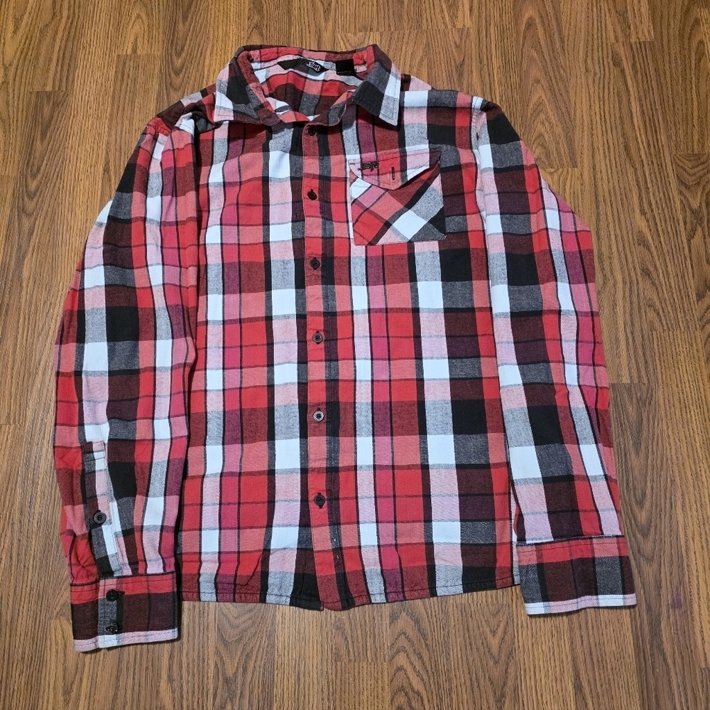 Lost Men’s XL Red Black White Plaid Button-Up Shirt 90s Skater Style E29